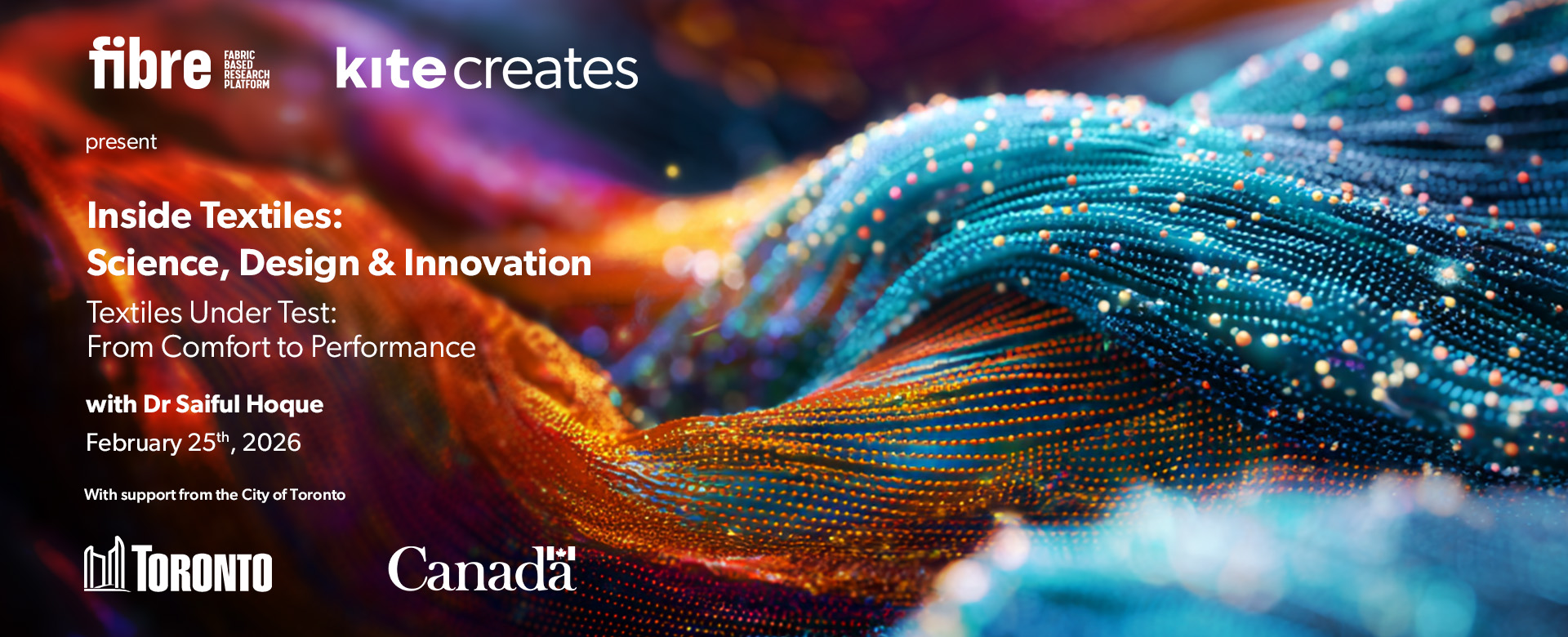 An AI-generated photo of high-tech fibres with the details of the event on top.