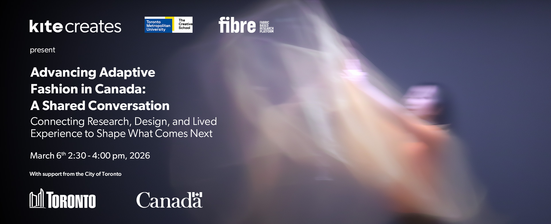 A blurred photo of a woman dramatically tossing her translucent skirt in the air with the details of the event on top of it.