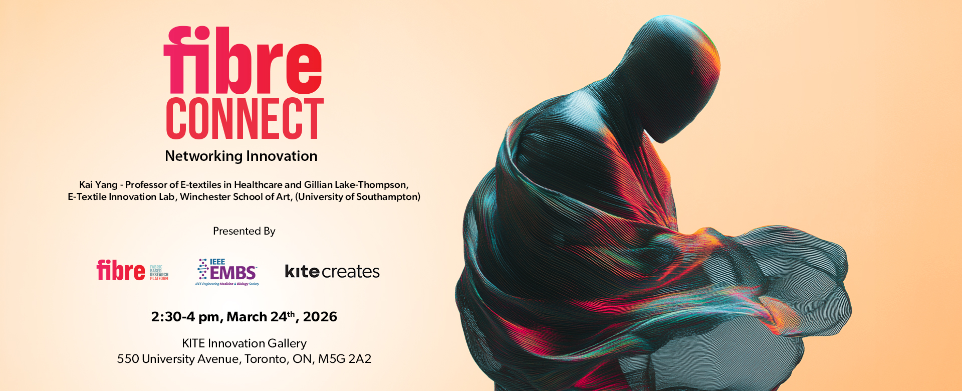 A futuristic image of a black seated figure wrapped in abstract fabric, on a soft orange background