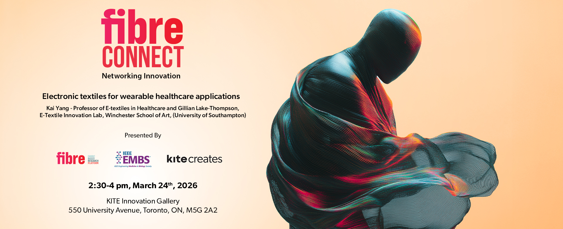 A futuristic image of a black seated figure wrapped in abstract fabric, on a soft orange background