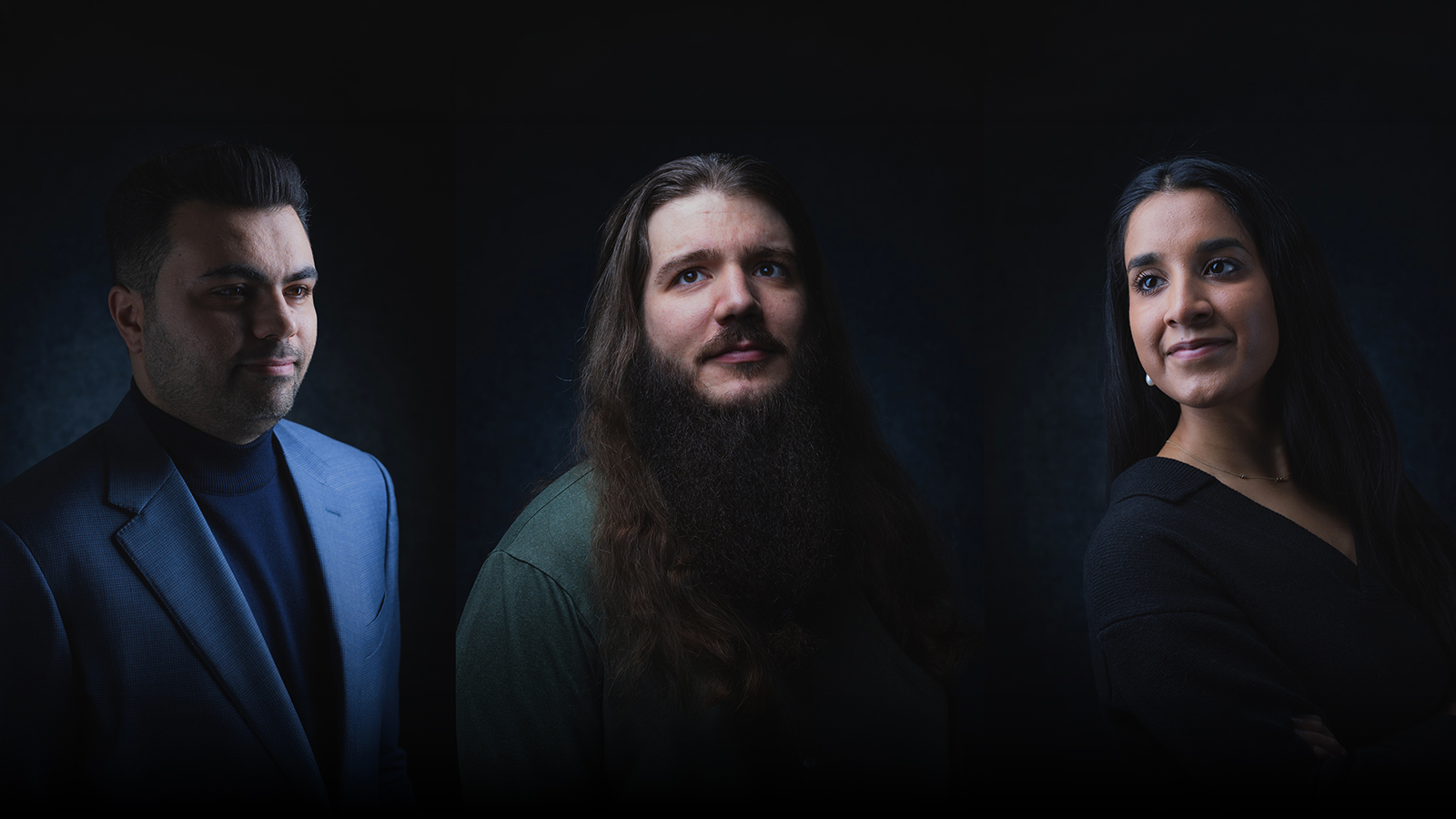 A dark photo with three dramatically lit headshots of two men and a woman. 