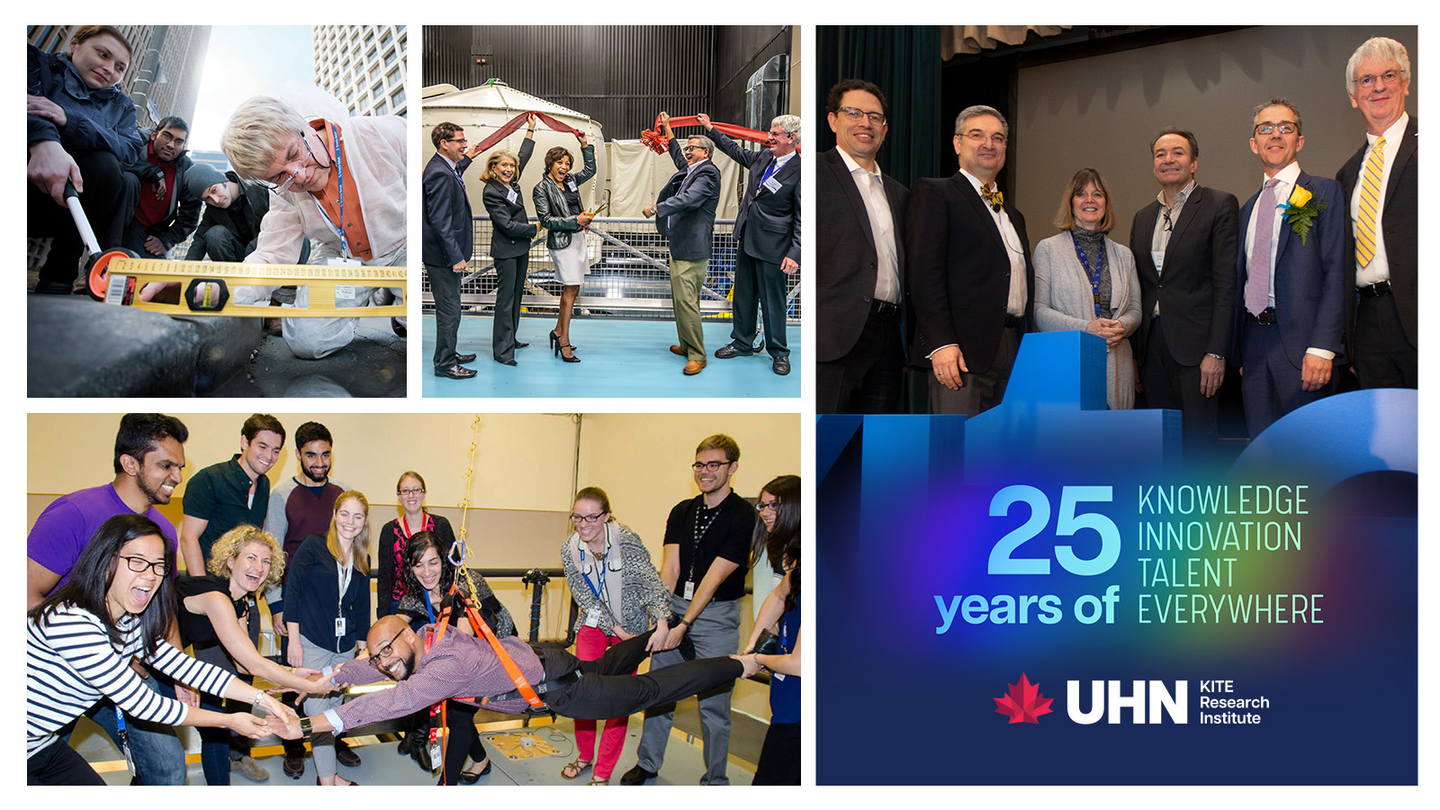 Collage of archival photos celebrating KITE Research Institute’s 25th anniversary. Images show researchers and trainees participating in rehabilitation research activities, a ribbon-cutting ceremony, and a group photo of KITE leaders and partners at a milestone event. A commemorative graphic reads “25 years of Knowledge, Innovation, Talent Everywhere” alongside the UHN KITE Research Institute logo.